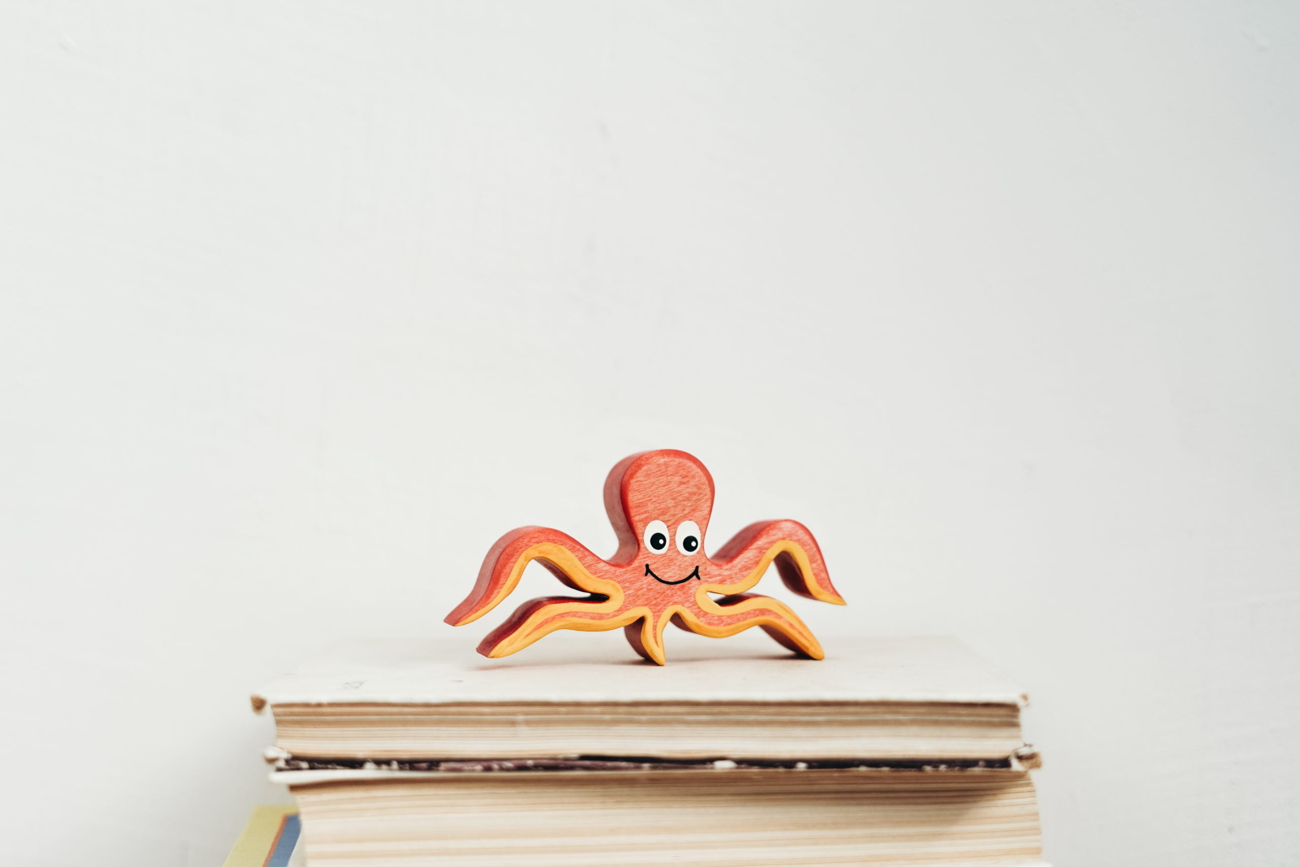 Wooden octopus figurine on book