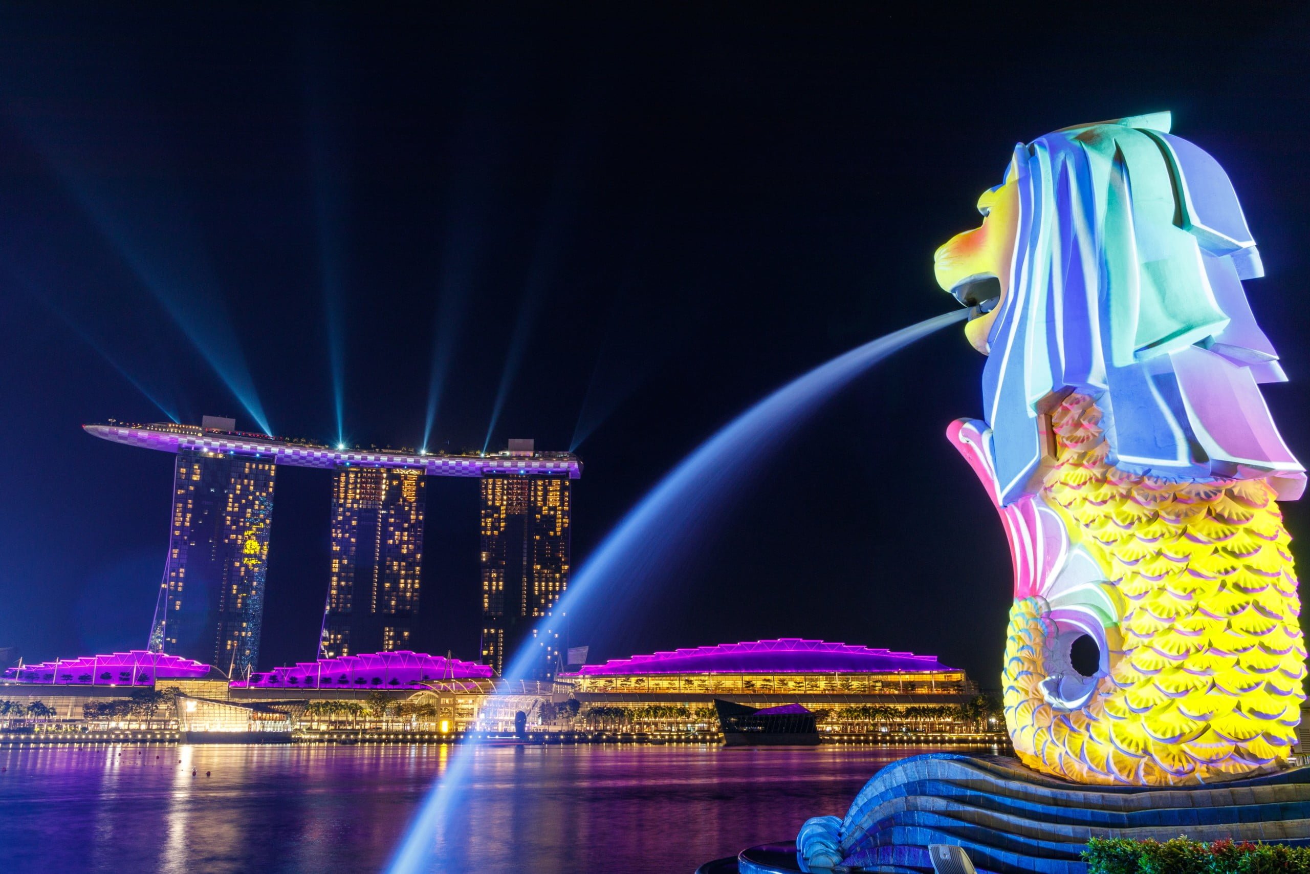 Lights shone on the Merlion as it overlooks Singapore's iconic Marina Bay Sands. During the Formula 1 Grand Prix night race, lights were projected onto the Merlion and the 'boat' of Marina Bay Sands.